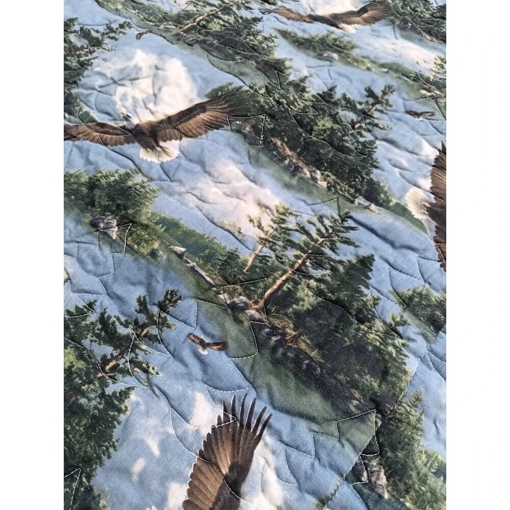 Homemade Eagle Woodland Quilt 94x95 Tree Applique Cabin Lodge Full/Queen Blanket